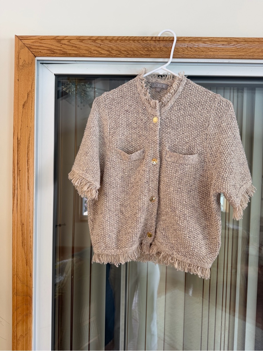 NWOT J. Crew Cream Fringe Knit Short-Sleeve Cropped Lady Jacket w Gold Buttons